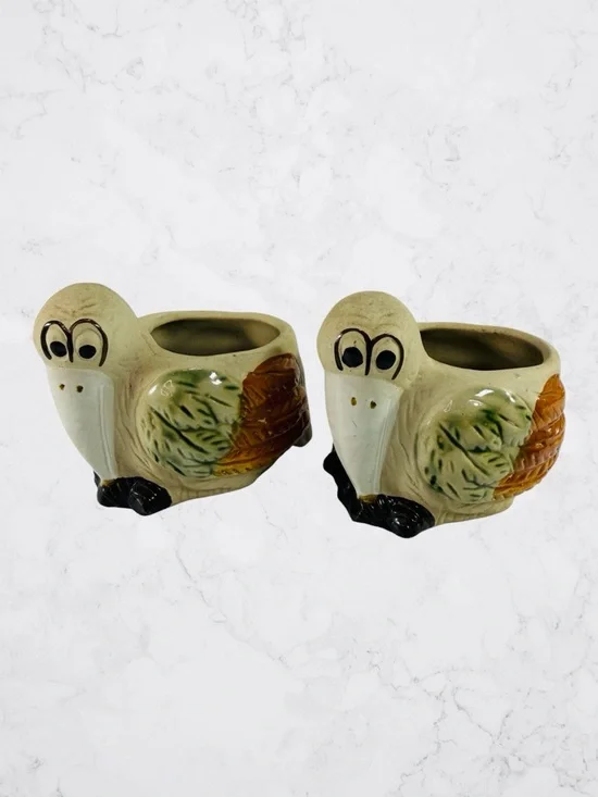 Pair Ceramic Pelican Planters Bud Vase Succulents Small Plants Beach Life Bird - Picture 1 of 9